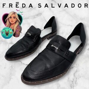 Freda Salvador Tash D'Orsay Black Leather Loafer Womens 7 Mules Studs Roman Coin